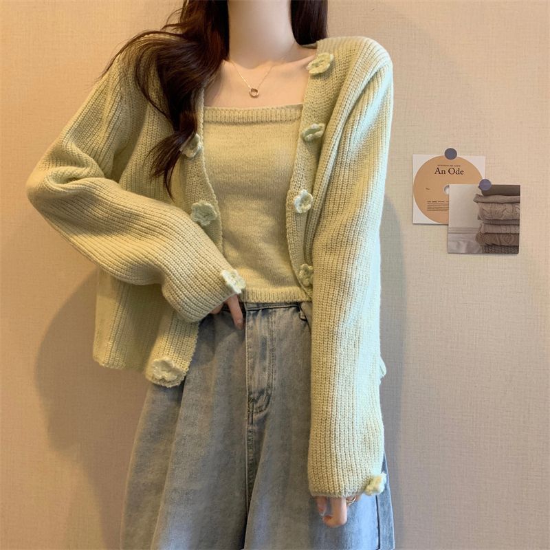 Flower Sweater Cardigan Jacket For Women Spring & Fall Soft Waxy Short Small Suspender Top Two-Piece Suit - Image 3